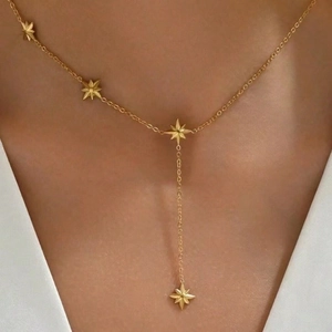 Stainless Steel Eight-Pointed Star Y-Shape Tassel Necklace Elegant Minimalist Gold Steel Tone Long Chain Necklace Jewelry Women Gift