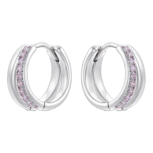 Close-up of silver-tone double loop earrings with pavé set pink zircon stones