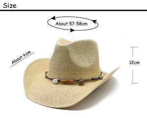 Detailed view of beige straw cowboy hat showing 57-58cm head circumference size specs
