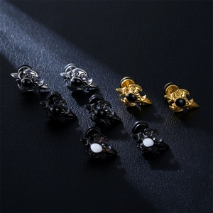 Gothic Punk Stud Earrings 316L Stainless Steel Cross Bat Wings Oval Resin Stone Retro Jewelry Unisex
