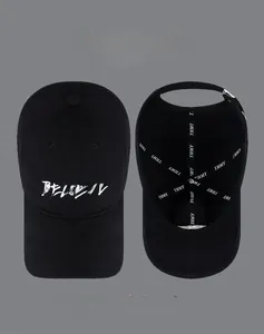 Detail view of cotton baseball cap with Believe embroidery and internal branded lining