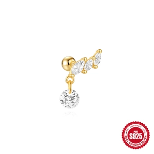 Golden S925 sterling silver ear bone stud with dangling clear zircon and curved design