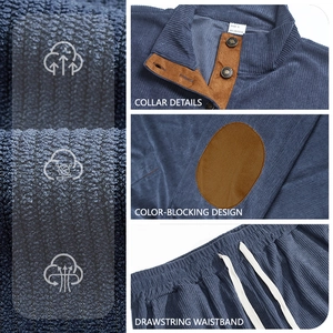Men's corduroy tracksuit set with color-block collar and drawstring waist details