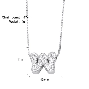 Detail of silver letter W pendant necklace with cubic zirconia and dimensions