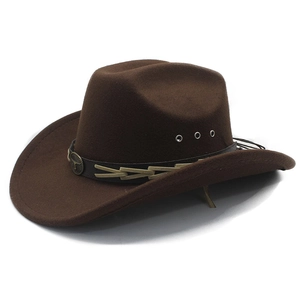 Cappello Da Cowboy Occidentale In Feltro Di Lana Tesa Larga Con Fibbia In Metallo Testa Di Toro E Fascia In Pelle Intrecciata