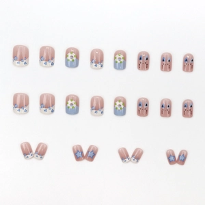French blue leopard cat design short press-on nails with stars and dots 24pcs set