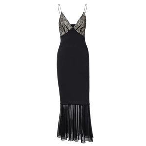Detail of V-neck lace patchwork and mesh mermaid hemline on black bodycon dress