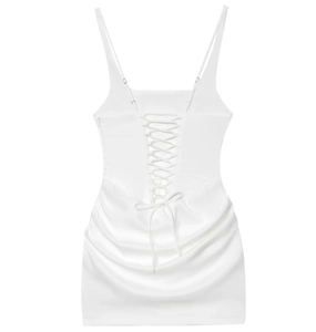 Close-up of sleek white satin mini dress featuring adjustable lace-up back detail