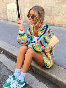Women Colorful Crochet Cardigan Knitted Sweater Acrylic Multi Color Stripe V-Neck Long Sleeve Bohemian Retro Open Front