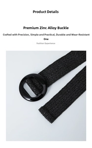 Detailed view of black elastic woven belt featuring a round polished zinc alloy buckle
