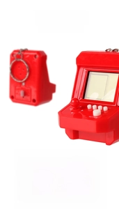 Mini retro arcade game keychain details showing control buttons and built-in battery