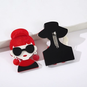 Creative acrylic cartoon girl silhouette brooch pin with glossy finish and metal backing