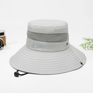 Men Outdoor Sun Protection Bucket Hat Breathable Mesh Wide Brim Fisherman Hat With Adjustable Chin Strap Windproof