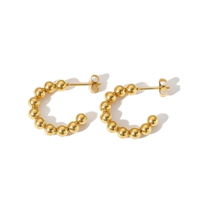 Polished gold beaded C-shape hoop earrings for women in minimalist stainless steel design