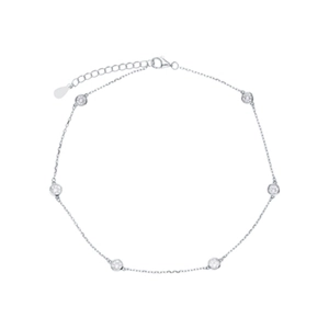 Minimalist S925 sterling silver anklet with six round cubic zirconia charms and adjustable chain
