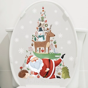 Christmas Toilet Lid Sticker PVC Cartoon Santa Reindeer Tree Decal For Bathroom Holiday Decor Removable