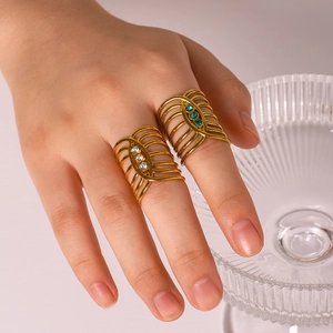 18K gold plated stainless steel wide mesh ring with sparkling zircon stones for women