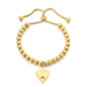 18K gold plated steel bead bracelet with heart pendant and adjustable slide clasp