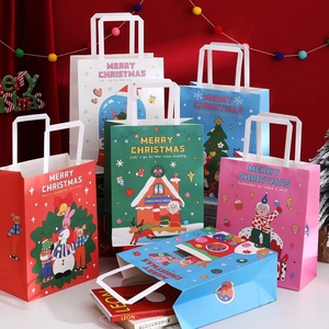 Set of Christmas gift bags with festive illustrations like Santa and Reindeer in five colors