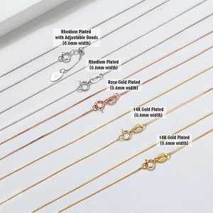 S925 sterling silver 0.6mm box chains in rhodium, rose gold, and 14k gold plated finishes