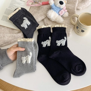 Three pairs of cute cat embroidered socks with lace trim in black, dark and light gray colors