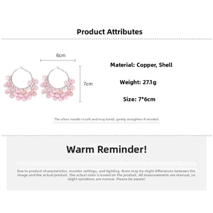 Detailed size specifications for pink shell hoop earrings with silver needles