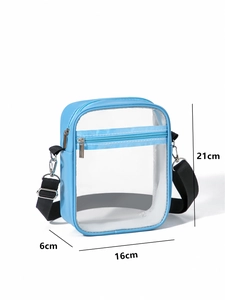 Close-up of small transparent PVC crossbody bag with blue trim and 21x16x6cm dimensions