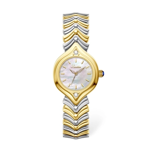 Women's watch with mother-of-pearl dial and two-tone gold-silver fishbone metal strap