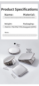 Detailed specs of portable 304 stainless steel compact mirrors in round and square shapes