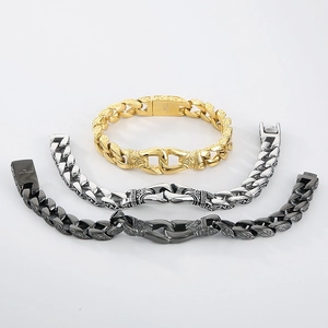 Retro engraved stainless steel bracelet set in gold, silver, and black finishes