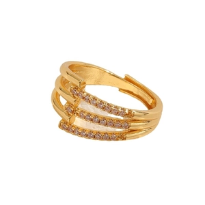 Three-layer gold-plated adjustable ring with pink and purple zircon stones in a geometric design