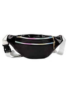 Sac banane noir brillant avec fermetures éclair arc-en-ciel et sangle blanche