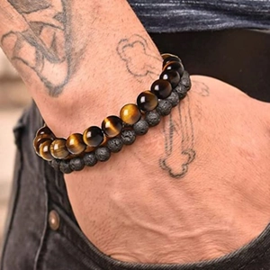 8mm tijgeroog en zwarte lavasteen kralen stretch armband set voor dames en heren