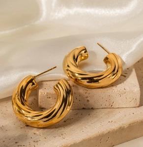 Twisted C Hoop Earrings 18K Gold Plated 316L Titanium Steel Ribbed Chunky Hollow Round High Polish Jewelry For Women
