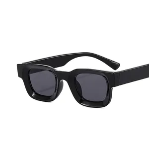Retro thick frame square sunglasses with glossy black finish and dark grey lenses