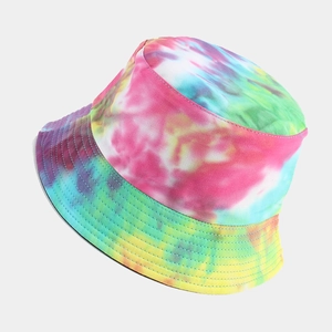 Vibrant tie-dye bucket hat for women in colorful rainbow fabric with reinforced stitching