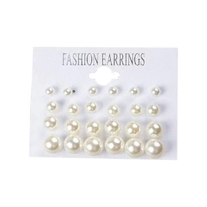 Set of 12 pairs of white faux pearl stud earrings in various sizes on display card