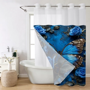 Detail of blue butterfly and rose floral pattern on waterproof bathroom shower curtain