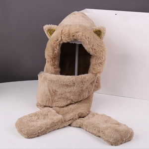 Winter plush hooded scarf with cat ears and sequins for warmth in camel color
