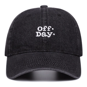 Classic black denim baseball cap with white Off Day embroidery and curved brim