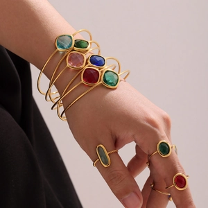 Chic gold-plated open bracelets with colorful Czech glass stones for women
