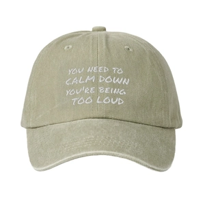 Distressed washed cotton baseball cap in sage green with white motivational embroidery
