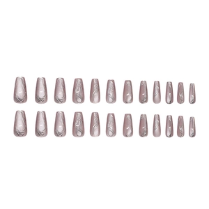 Silver cat-eye press on nails with liquid marble lines and metallic silver accents
