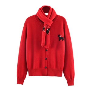 Women's red knit cardigan and scarf set featuring black Scotty dog intarsia patterns