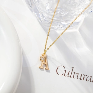 Minimalist 18K gold letter A necklace with zircon pendant and elegant O-chain link