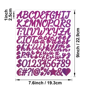 Macro view of 1-inch purple glitter alphabet stickers with numbers and symbols on white background