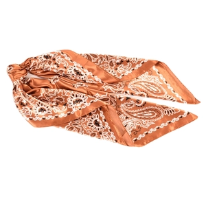 Elegant 90cm orange paisley satin square scarf with a silky texture and glossy finish