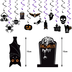 Halloween hanging swirl decorations featuring bats, ghosts, and skulls for party decor
