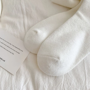 Detailed macro view of white thickened thermal over-knee socks with soft plush texture