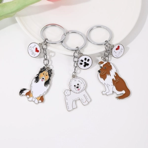Dreiteiliges Set Metall-Emaille-Hundeschlüsselanhänger mit Collie, Bichon und Charms